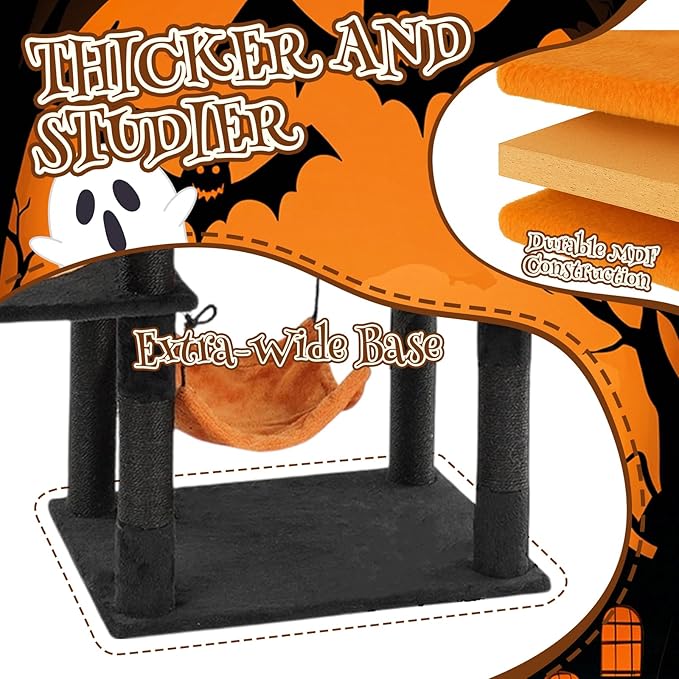 Outvita Halloween Cat Tree,61" Large Cat Tower with 2 Spacious Cat Condos, 2 Padded Perches, 2 Hammocks, Scratching Posts, Hanging Toy, Multi-Level Cat Activities Furniture, Orange & Black