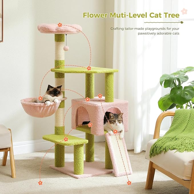 47.3" Flower Cat Tree, Multi-Level Cat Tower with Sisal Covered Scratching Posts Cute Cat Condo for Indoor Small Medium Cats Top Perch (Green)