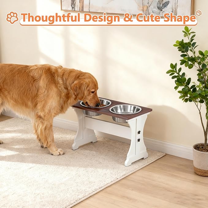 Piskyet Elevated Dog Bowls,Farmhouse Dog Bowls Stand, Raised Dog Bowl with 2 Stainless Steel Wooden Dogs Bowls 9 Cups 13.8''H_80 oz Bowl-Farmhouse Style