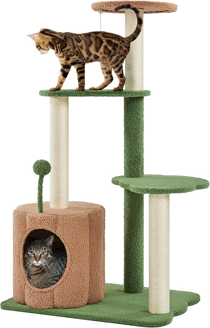 Topeakmart Cat Tree, 42in Pumpkin Cat Tower with Spring Teasing Ball and Leaf Shape Design, Cute Cat Tree with Natural Sisal Scratching Posts, Platform, Condo for Indoor Cats, Green & Brown