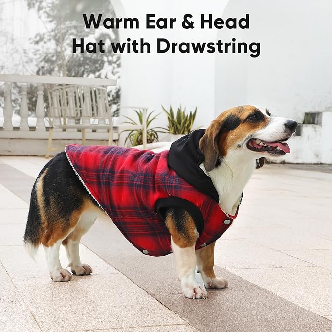 Fleece Lining Dog Hoodie for Medium Dogs Extra Warm Plaid Sweater with Drawstring Hooded Coats in Winter Puppy Jacket,Red L