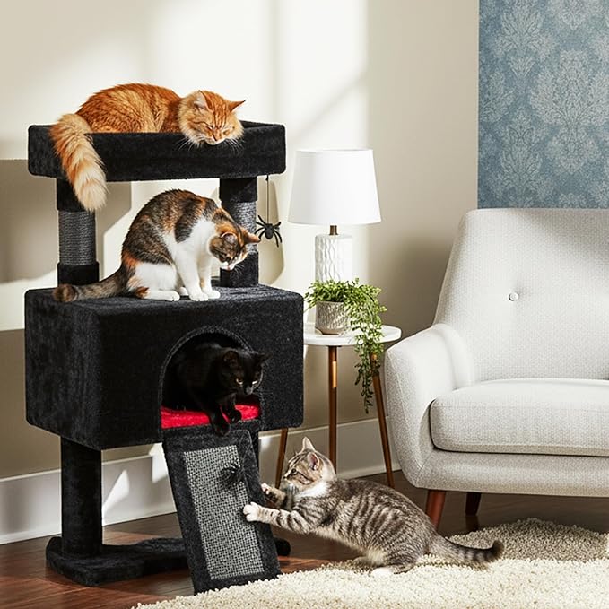 BEWISHOME Cat Tree Tower for Indoor Gothic Cat Trees with Coffin Bed, Cat Condo Cat House with Scratching Posts, Cat Shelves with Spider Toy, Pet Play Activity Center Black with Red, MMJ95R