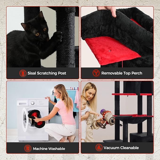 PETEPELA 69" Gothic Cat Tree for Indoor Large Cats, Cat Tower for Adult Cats with Big Hammock [18.5''X15.3''], Cat Climbing Tree Tower with Scratching Posts, Condo House and Large Top Perch, Black