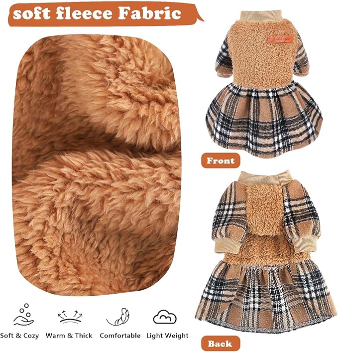 Dog Sweater Dog Winter Clothes for Small Dogs Boy Girl Fall Puppy Dress Warm Fleece Chihuahua Yorkie Teacup Doggie Sweaters Dresses for Small Dogs Girl Cat Outfits, Brown Plaid, S