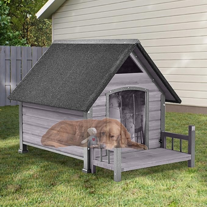 Dog House for Outdoor/Indoor, Weatherproof Outdoor Kennel for Large Dogs, Chew-Resistant Iron Frame & Asphalt Roof (Grey, L)