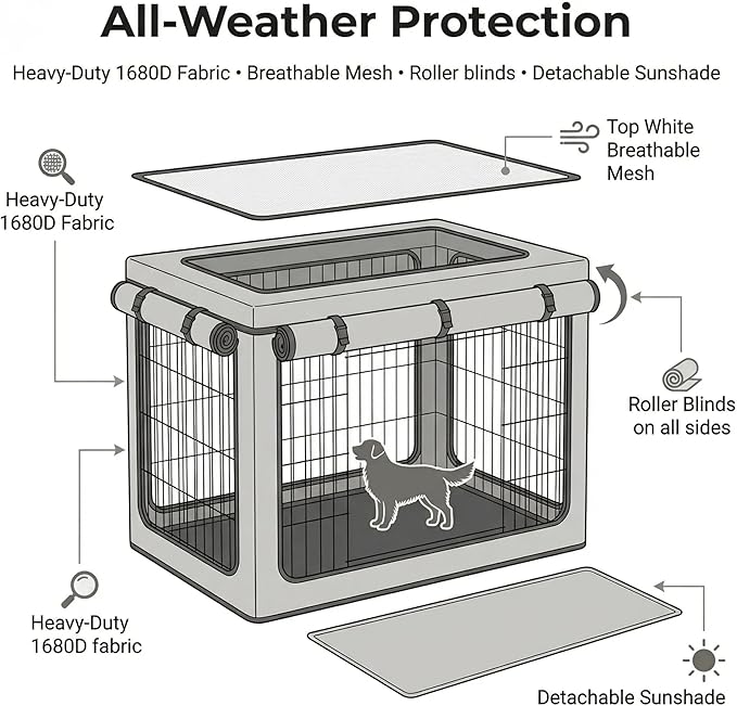 36 inch Dog Crate Cover, Heavy Duty 1680D Waterproof Oxford Cloth with Breathable Mesh & Detachable Sunshade, Universal Fit for Wire Crates, Dog Cage Cover All-Weather Indoor Outdoor Use.