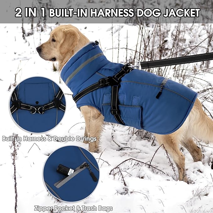 PETDSH Dog Coat Small, Built-in Harness Dog Jacket with Warm Fleece Lining, Waterproof Reflective Dogs Winter Coat, Pet Coats with Pocket and Trash Bags (Navy Blue, Small)