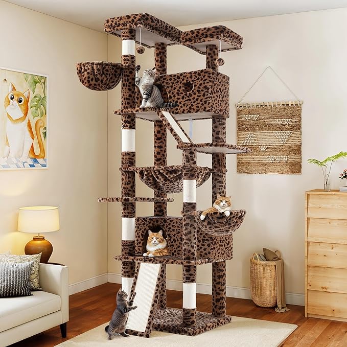 WEEWAY Cat Tree Tower for Indoor Cats,81'' Multi-Level Cat Furniture Activity Center,Stand House Condo Cave,Sisal Scratching Posts Ramps,Plush Perches Platforms Basket Hammock,Leopard Print