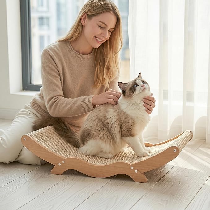 Extra-Large Cat Scratcher Bed with Natural Sisal Scratching Pad, Wooden Cat Bed Lounge Hammock for Indoor Cats, Durable Cat Scratching Post Furniture for Large Cats