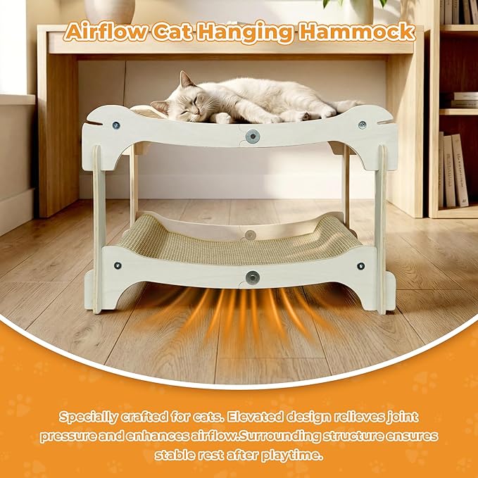 Two-Tier Sisal Cat Scratcher Bed - Large Scratching Board with Lounger Cat Scratch Pad, Sturdy Wooden Scratching Post for Indoor Kittens&Adult Cats, Easy Assemble Elevated Cats Bed Furniture