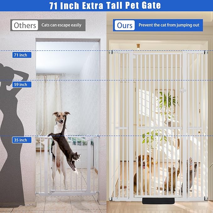 71 Inch Extra Tall Pet Gate for Cats, 29.5-48" Adjustable Wide Dog Gates, Pressure Mounted Walk Through Tall Cat Gate for Doorways,Hallway,Stairs,House（White）