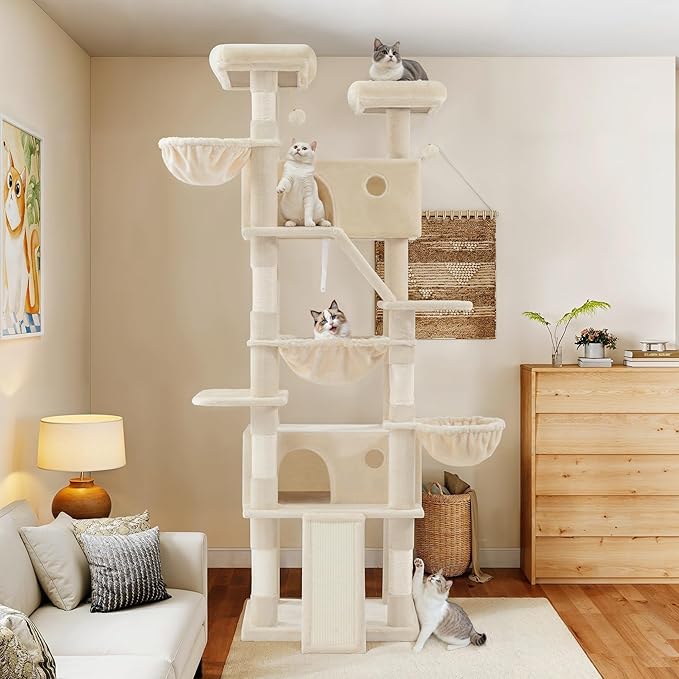 WEEWAY Cat Tree Tower for Indoor Cats,81'' Multi-Level Cat Furniture Activity Center,Stand House Condo Cave,Sisal Scratching Posts Ramps,Plush Perches Platforms Basket Hammock,Beige