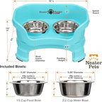 Neater Feeder Deluxe Mess-Proof Elevated Dog Bowls for Small Dogs (Up to 19 lbs), 2 Height Adjustable (6” & 7.5”) No-Spill Raised Dog Bowl Stand, Stainless Steel Food Bowl Set, Made in USA, Aquamarine