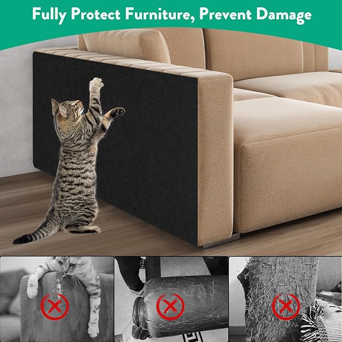 Trimmable Cat Scratcher Mat, Self-Adhesive Cat Scratching Carpet Pad Replacement for Cat Tree Shelves, Cat Steps and Posts, DIY Cat Scratch Couch Furniture Protector (Black, 39.4"x15.8")