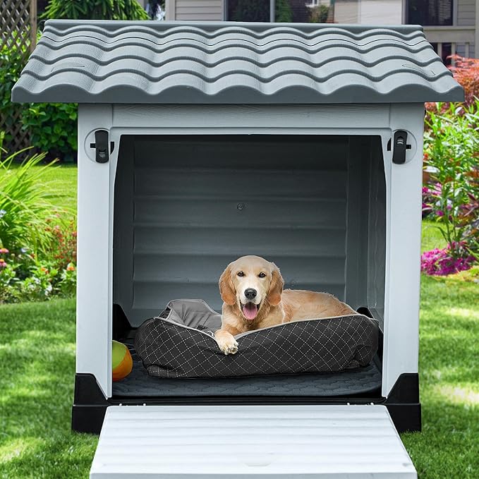 YITAHOME 2-Door Large Dog House with Elevated Base & Cushion, Plastic Pet House for Small and Medium Dogs, Easy Assembly, Waterproof for Indoor/Outdoor Use (36''L x 27.1''W x 26''H)