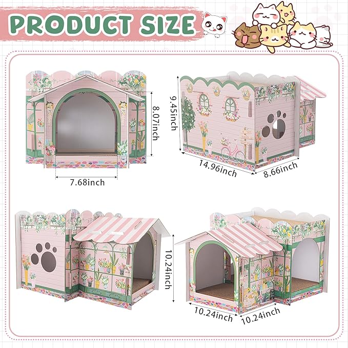 2 Story Cardboard Cat House with Scratcher Pad for Small Kitten,17x12x10 Multi Level Durable Cat Condo & Villa for Bunny Rabbit Small Animals Christmas Birthday Gift(17x12x10,Florist)