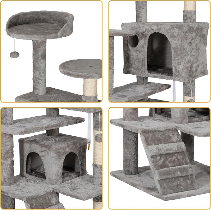 LEMY 54 Inch Cat Tree,Multi-Level Cat Tower Condo for Indoor Kittens,Light Grey Cat House with Sisal-Covered Scratching Post for Cats to Play and Sleep