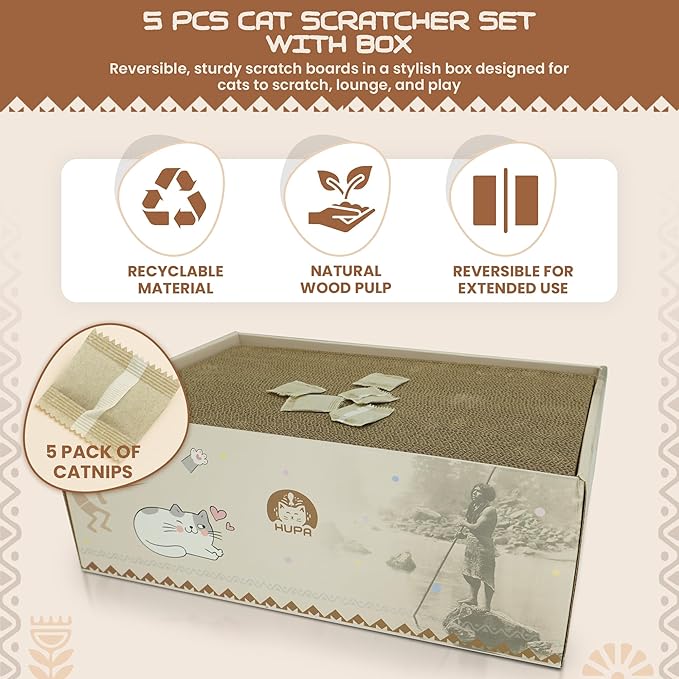 5 Pack Cat Scratching Boards | Reversible Cardboard Cat Scratcher with Catnip | Corrugated Cardboard cat Scratcher | Indoor Cat Scratch Pad | Durable Cat Scratcher Box | 16.34" L x 11.42" W x 5.51" H