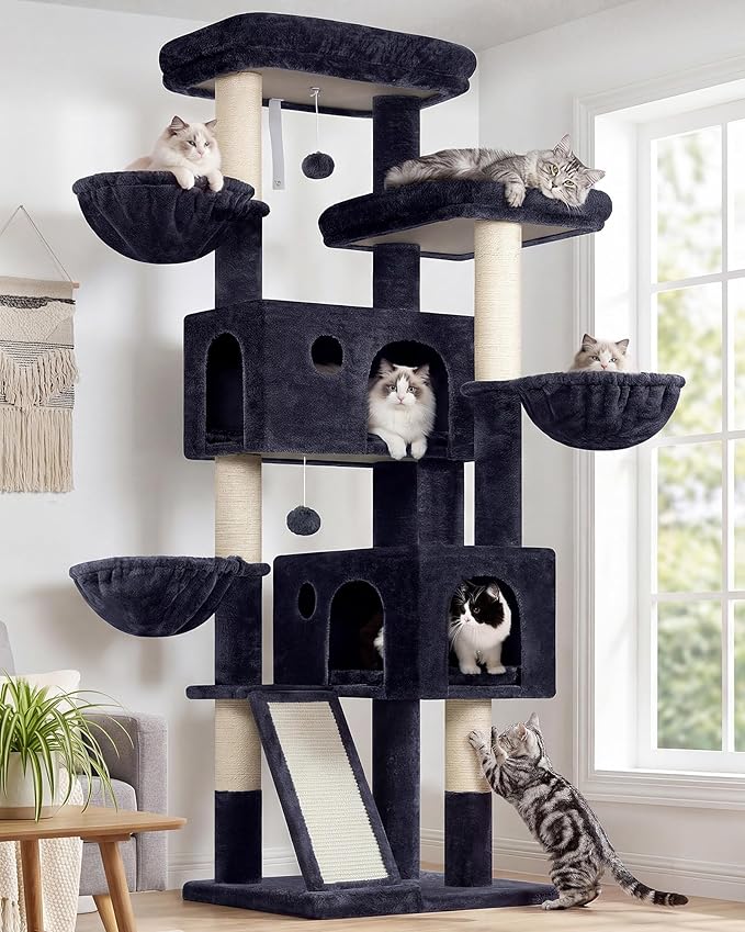 Globlazer Large Cat Tree, 72 inch Tall Cat Climbing Tower for Indoor Large Adult Cats Multi-Level Furniture Tree House with 2 Cozy Perches, 2 Padded Condos, 5 Sisal Scratching Posts, F72G, Dark Grey