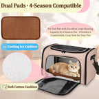 Cat Carrier Dog Carrier - Soft-Sided Cat Carrier with Plush Pad & Cooling Mat, Easy-Load 4-Side Zipper & 3-Side Mesh Ventilation, Pet Carrier Airline Approved for Cats/Dogs Up to 16 lbs, Brown