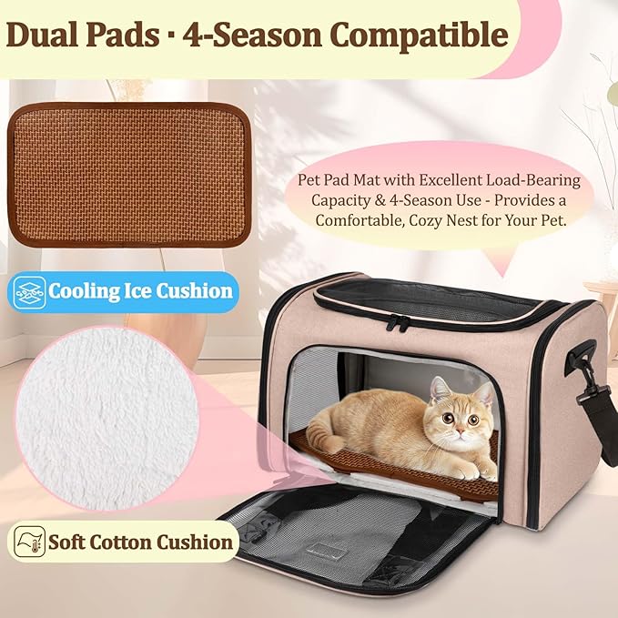 Cat Carrier Dog Carrier - Soft-Sided Cat Carrier with Plush Pad & Cooling Mat, Easy-Load 4-Side Zipper & 3-Side Mesh Ventilation, Pet Carrier Airline Approved for Cats/Dogs Up to 16 lbs, Brown