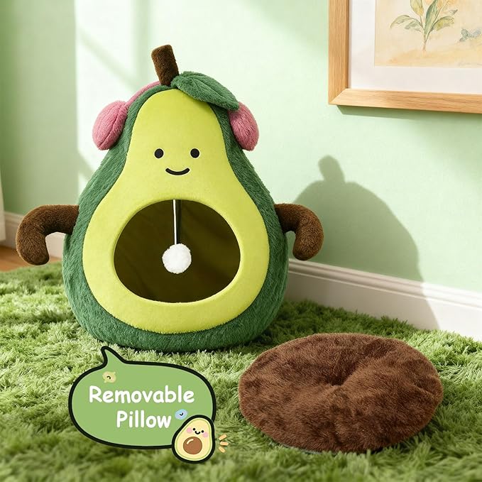 Cute Cat Beds for Indoor Cats, Small Dog Beds, Soft Washable Pet Beds for Kitten and Puppy, Funny Avocado Cat Cave Cat Toys, 19 Inches
