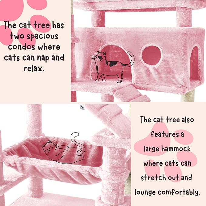 80 Inch Cat Tree,Large Cat Tower with 9 Scratching Posts, 2 Perches, 2 Caves, 2 Basket, 2 Stairs, Extra Large Hammock, Multi-Level Plush Cat Condo for Indoor Cats/Pink