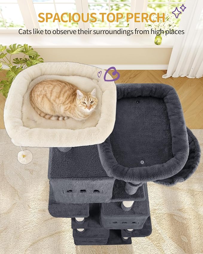 76" Cat Tree, Large Cat Tower for Indoor Cats, Multi-Level Cats House Furniture with 2 Platforms, 3 Condos, 7 Scratching Posts, 1 Basket, 3 Caves, Pompoms, Dark Grey MS19218SG