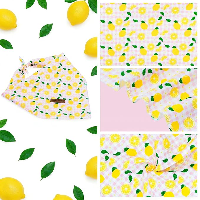 Elegant little tail Dog Bandana, Spring Lemon with Flower 1PC Washable Dog Scarf Female or Male Square Bib Kerchief Scarf Adjustable Pet Bandana for Medium Large Dogs