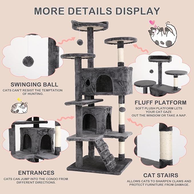 70'' Tall Multi-Level Cat Tree for Indoor Cats, Furniture With Scratching Post, Platform, Condo, Tower With Funny Toy, Corner Tree for Medium Cats