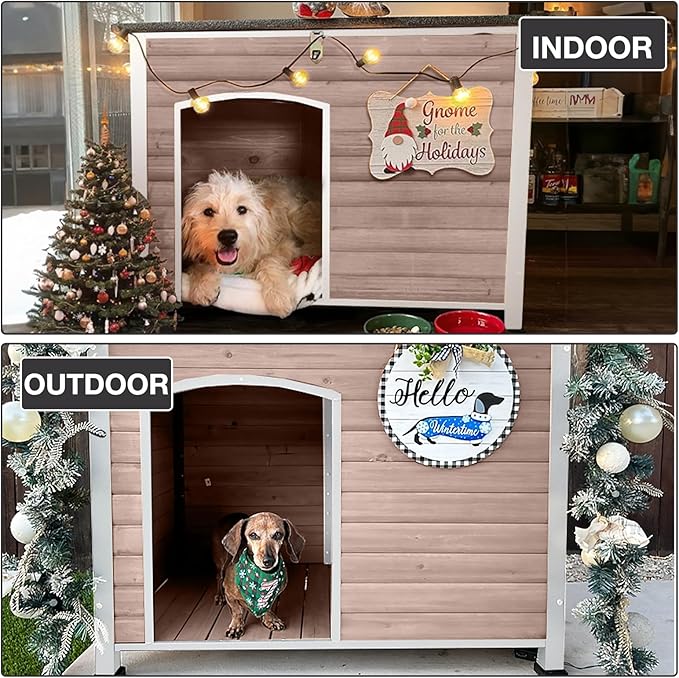 43.3’’ Large Dog House Outdoor Weatherproof Dog Kennel with Upgraded Thickened Metal Frame, Dog Shelter with PVC Curtain, Openable Roof and Removable Floor, Easy to Clean (Light Brown)
