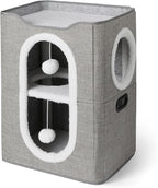 Amazon Basics 2-Cube Cat House with Sisal Scratch Pad and Dangle Toy, Grey