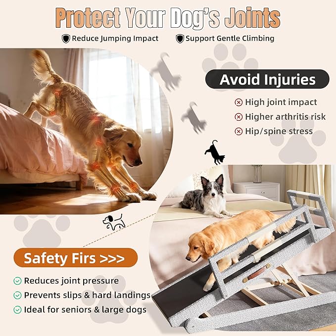 Dog Ramp for High Bed – 63" Super-Long Wooden Ramp with Soft Plush Fabric Cover & Safety Rails 18”–32”Adjustable Heights for Tall Beds, Non-Slip Wide 17.7" Platform – Ideal for Large & Senior Dogs