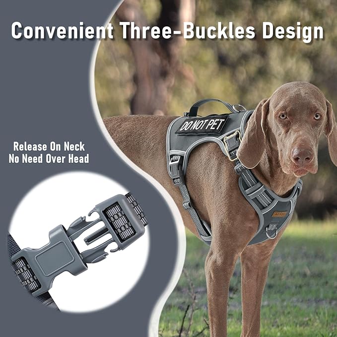 Gray Tactical Dog Harness for Large Dog Breeds, No Pull Adjustable Pet Harness with Handle, Reflective K9 Military Service Dog Vest for Walking Hiking Training, Gray, XL