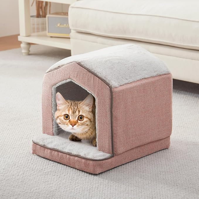 Orthopedic Cat House for Indoor Cats,Small Dogs,Super Soft Cat Bed Cave,Condos, Cubes,Cat Hideaway,Covered,Cat Bed for Kitty Small Medium Large Pet (Pink, 18" L x 15" W x 17" Th)