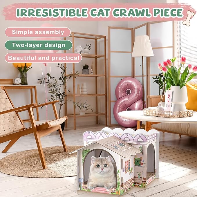 2 Story Cardboard Cat House with Scratcher Pad for Small Kitten,17x12x10 Multi Level Durable Cat Condo & Villa for Bunny Rabbit Small Animals Christmas Birthday Gift(17x12x10,Cottage)