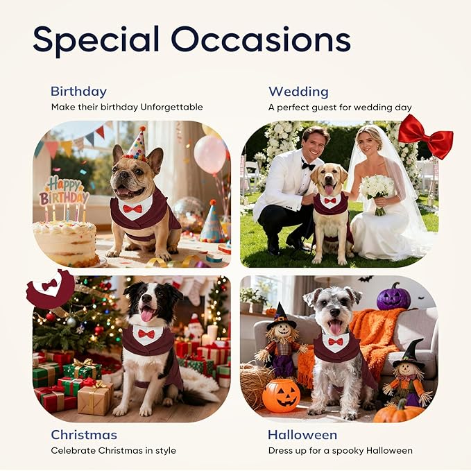 Supet Dog Tuxedo and Bandana Set with Bow Tie, Formal Outfit for Wedding Birthday Party Graduation Valentines, Pet Suit Clothes for Large Medium Small Dogs (Burgundy, L)