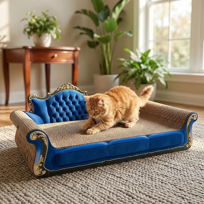 Royal Blue Sofa Shape Cat Scratcher, 19.9” Large 2-in-1 Cat Scratcher Lounge Bed, Sturdy Cardboard Scratching Board for Indoor Cats