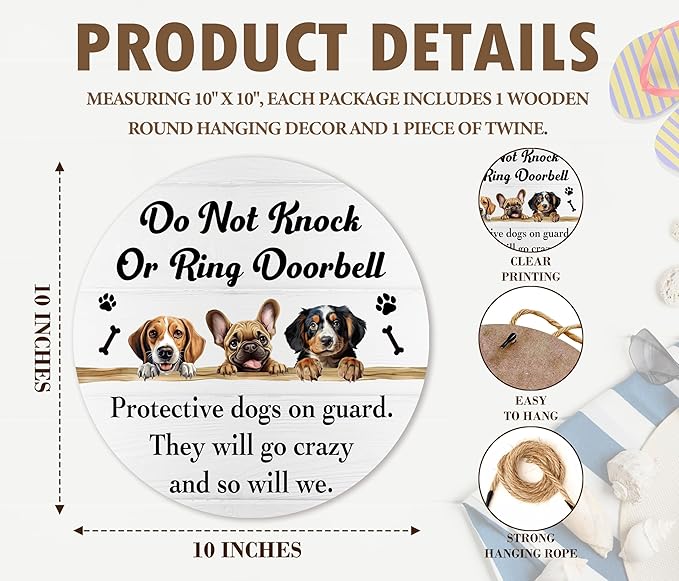 Please Do Not Knock Or Ring Doorbell Hanging Sign, Funny Dog Wooden Round Door Hanger For House Gate Fence Yard Front Door, Protective Dogs On Guard Sign For Outdoor Porch -08