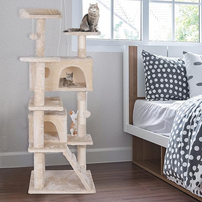 53 inches Heavy Duty Multi-Level Cat Tree Tower with Condo Furniture & Scratching Posts for Kittens Play Rest (Beige)