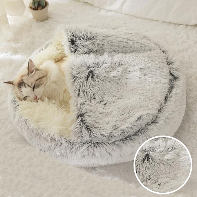 Cat Bed Round Fluffy Hooded Cat Bed Cave, Anti-Anxiety Cave Bed with Hooded Blanket, Cozy Cuddler Luxury Puppy Pet Bed, Anti-Slip Bottom and Machine Washable (Grey, Medium)