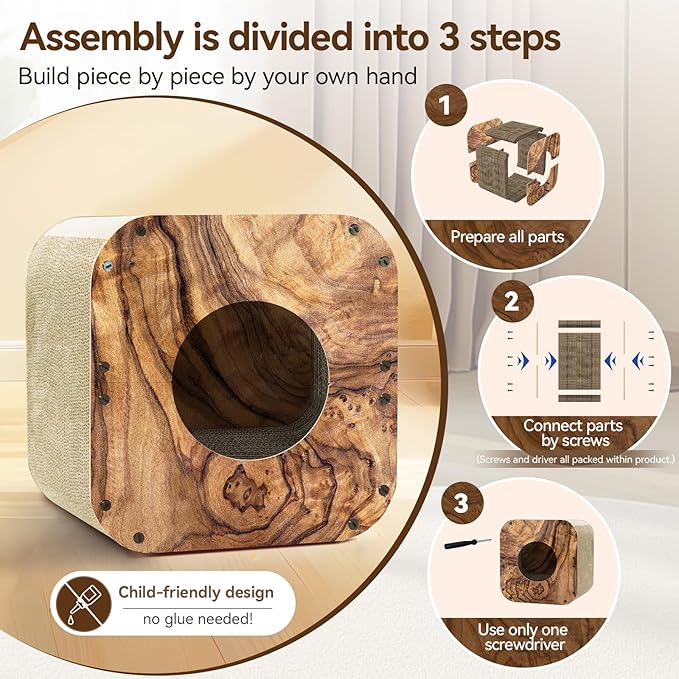 Cat Scratcher House, Cozy Cardboard Design, Safe and Secure for Kittens, Eco-Friendly, Wood Grain (Square)