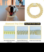 Gold Dog Chain Collars Diamond Bling Dog Necklace Glitter Rhinestone Dog Cuban Link Collar Metal Pet Jewelry for Puppy XS Small Medium Large Dogs(Glod 16inch)