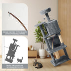 58in Large Cat Tree Tower for Indoor Cats with Soft Plush Hang Ball, Two Condos, Sisal Scratch Posts & Rope Play for Kittens/Adult Cats, Grey