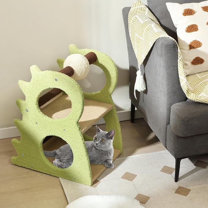 Tangkula Cute Cat Tree, Dinosaur-Shaped Cat Tower with Rotatable Sisal Scratching Ball, Soft Plush Fabric, Cat Climbing Stand, 2-Tier Modern Cat Tree for Small Indoor Cats (Green)