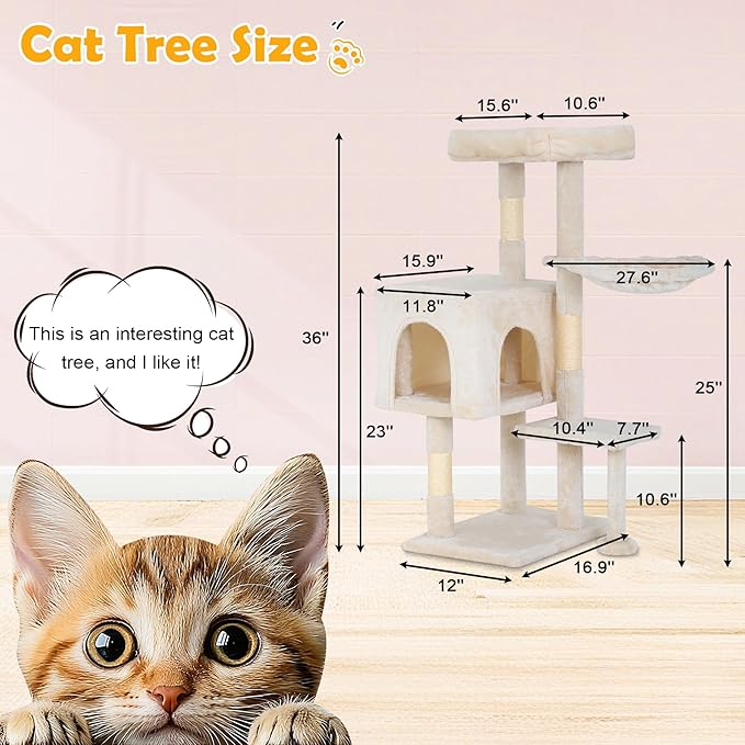 BLKMTY 36" Cat Tree Tall Cat Tower for Indoor Cats Condo Climber with Scratching Post, Climbing Stand, Plush Top Perch and Mouse Toy Cats Playhouse Kitty Activity Trees with Hammock, Beige