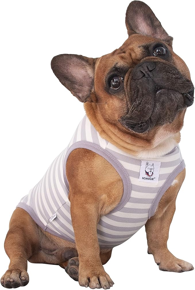 iChoue English Bulldog 100% Breathable Cotton Striped T Shirts Halloween Vest Clothes for Medium Dogs Tank Tops French Frenchie Pug Boston Terrier Pitbull Grey White Stripes - XXLarge