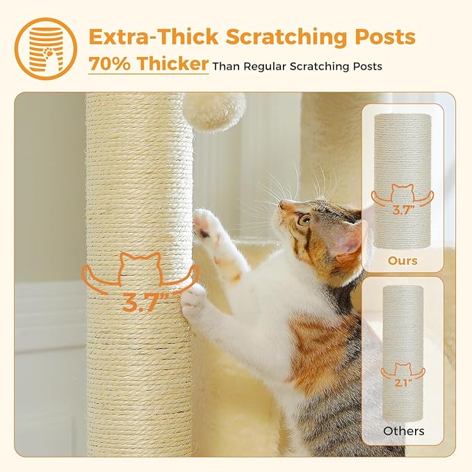 PEQULTI 57.9'' Cat Tree, Multi-Level Tower with Large Top Perch, Thick Scratching Posts and Hammock for Large Indoor Cats up to 20 lbs,Beige