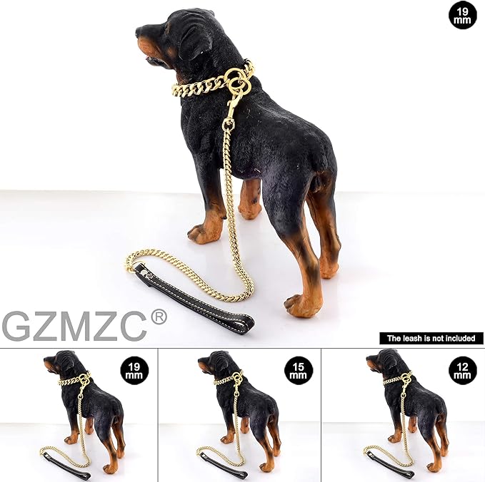 Dog Chain Collar 18K Gold High Polished Stainless Steel Cuban Link Strong Heavy Duty Chew Proof Walking Training Chain Leash Collar for Small Dogs(19mm, 16")