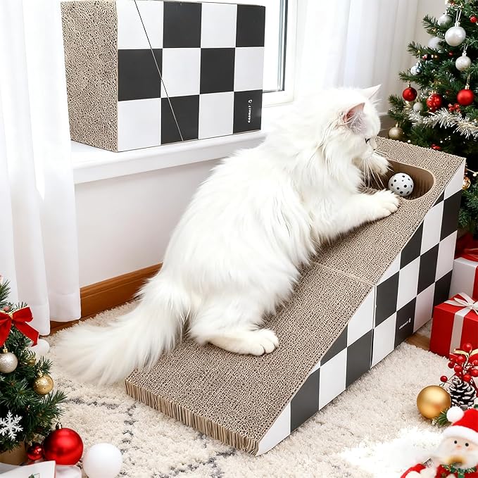 Simple Delxue Cat Scratching Board with Ball, Triangle Cat Scratching Cardboard, Multiple Scratching Angles, 2-in-1 Scratching Lounge Bed, Recyclable and Durable, Furniture Protector, Black and White